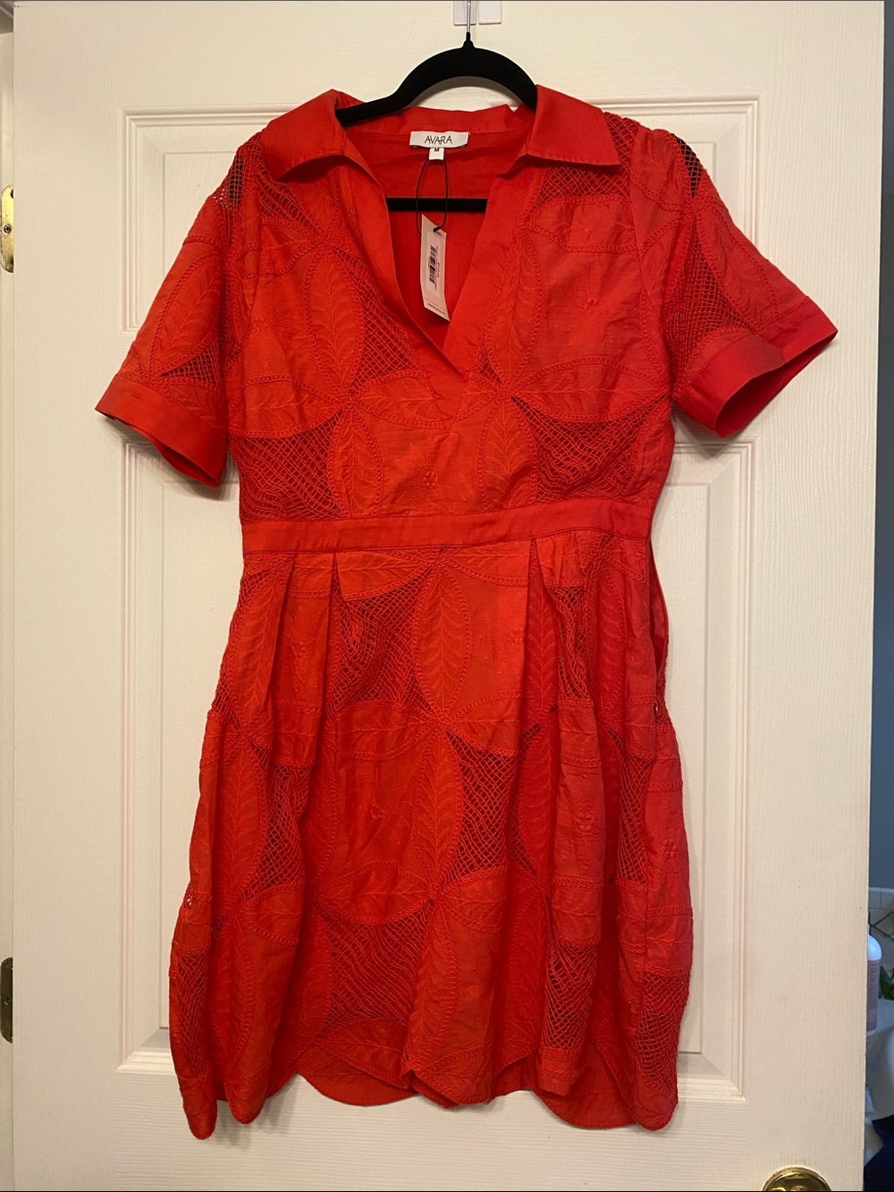 Avara Red Short-Sleeve Lace Fit & Flare Dress